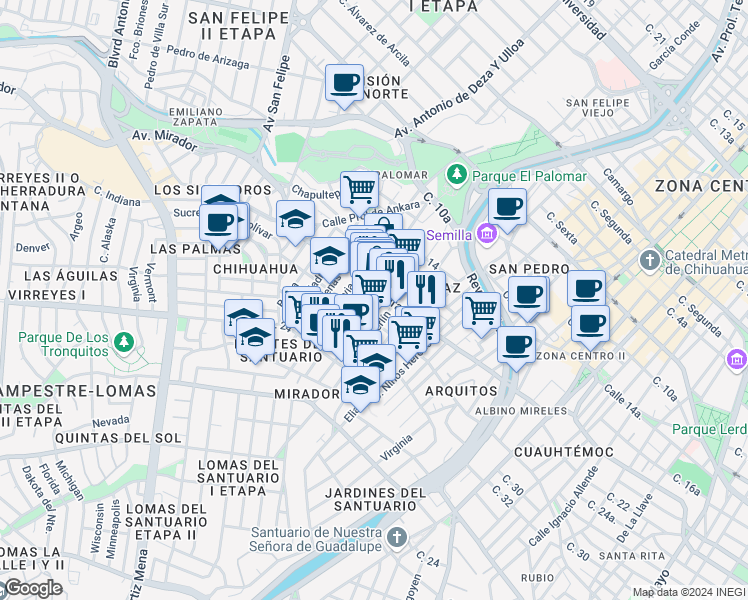 map of restaurants, bars, coffee shops, grocery stores, and more near 1803 Tokio in Chihuahua