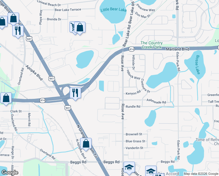 map of restaurants, bars, coffee shops, grocery stores, and more near 5575 Elizabeth Rose Square in Orlando