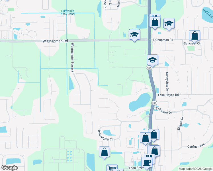 map of restaurants, bars, coffee shops, grocery stores, and more near 270 Lake Drive in Oviedo