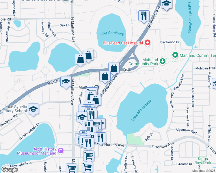 map of restaurants, bars, coffee shops, grocery stores, and more near 950 North Orlando Avenue in Winter Park