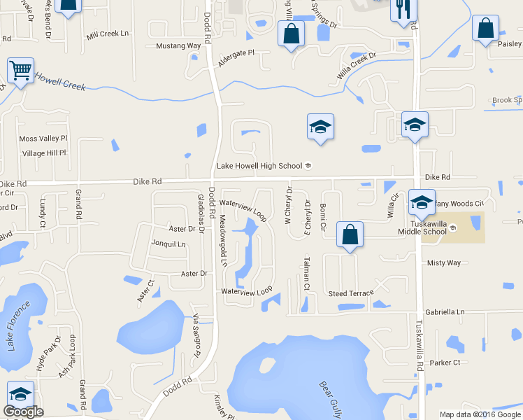 map of restaurants, bars, coffee shops, grocery stores, and more near 3894 Waterview Loop in Winter Park