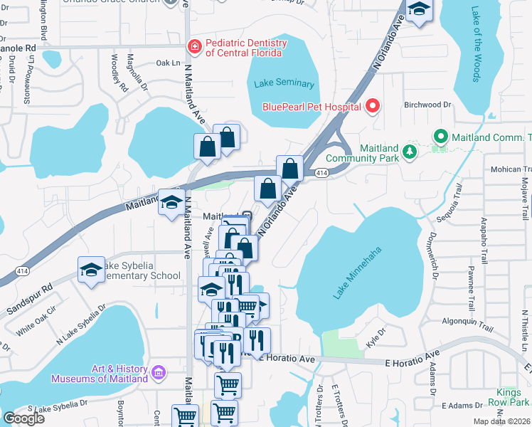 map of restaurants, bars, coffee shops, grocery stores, and more near 851 North Orlando Avenue in Maitland