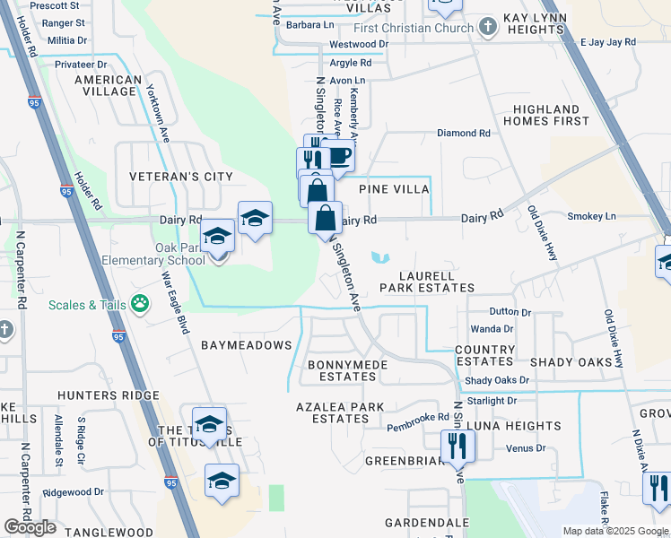 map of restaurants, bars, coffee shops, grocery stores, and more near 1396 Wilderness Lane in Titusville