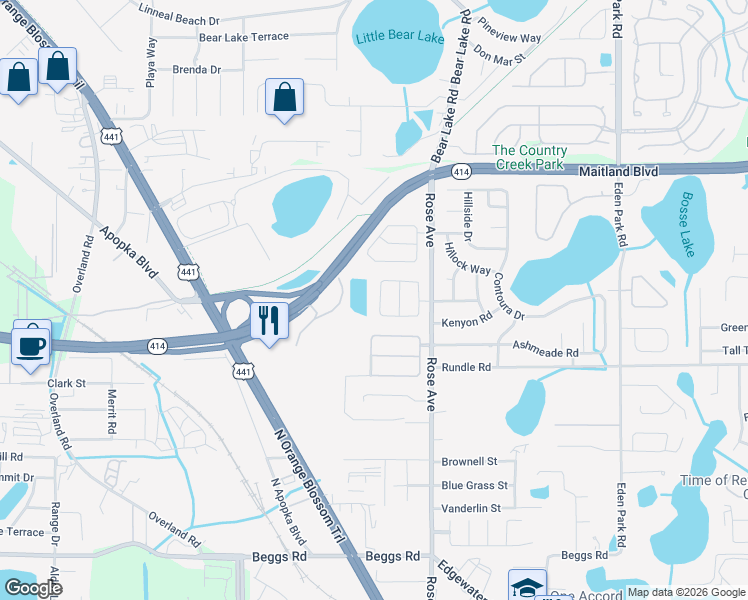 map of restaurants, bars, coffee shops, grocery stores, and more near 5575 Elizabeth Rose Square in Orlando