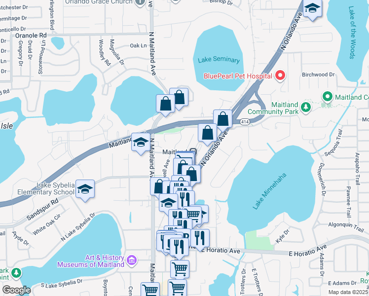 map of restaurants, bars, coffee shops, grocery stores, and more near 909 Robinhood Court in Maitland