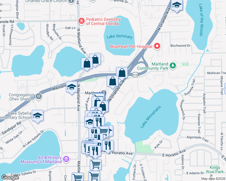 map of restaurants, bars, coffee shops, grocery stores, and more near 955 North Orlando Avenue in Maitland