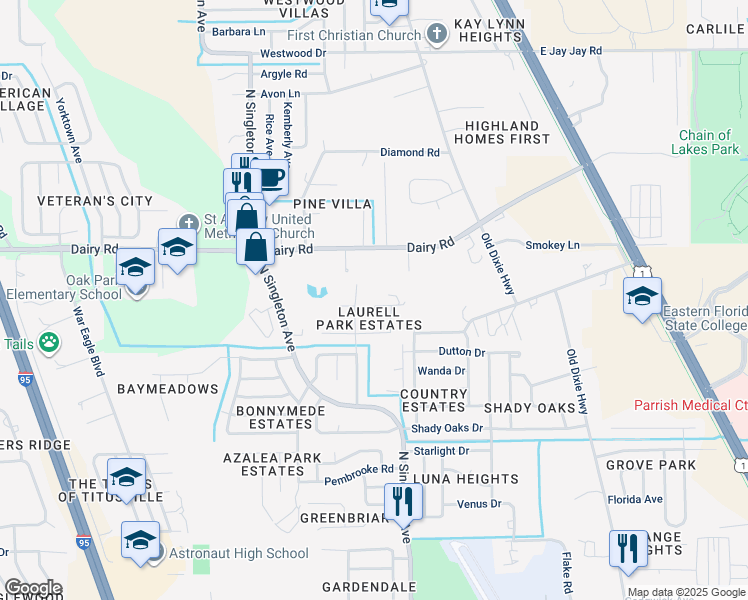 map of restaurants, bars, coffee shops, grocery stores, and more near 2940 Beale Street in Titusville