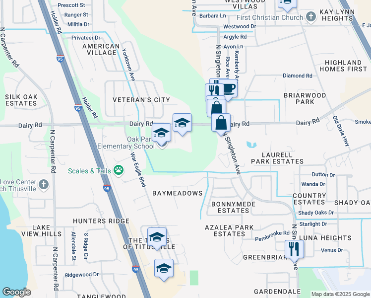 map of restaurants, bars, coffee shops, grocery stores, and more near 3375 Dairy Road in Titusville