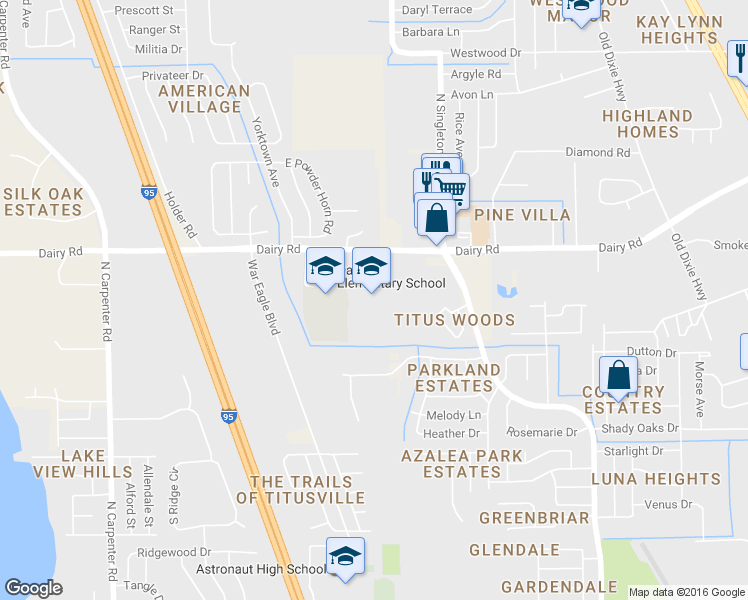 map of restaurants, bars, coffee shops, grocery stores, and more near 3375 Dairy Road in Titusville