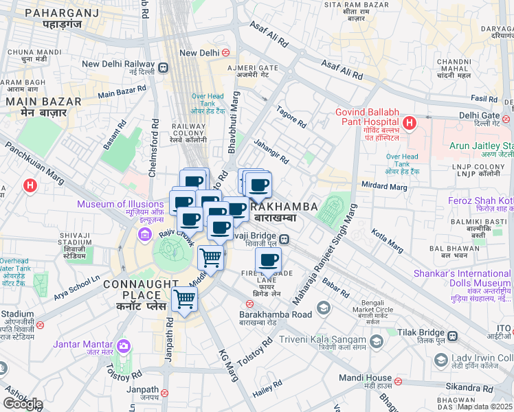 map of restaurants, bars, coffee shops, grocery stores, and more near in New Delhi