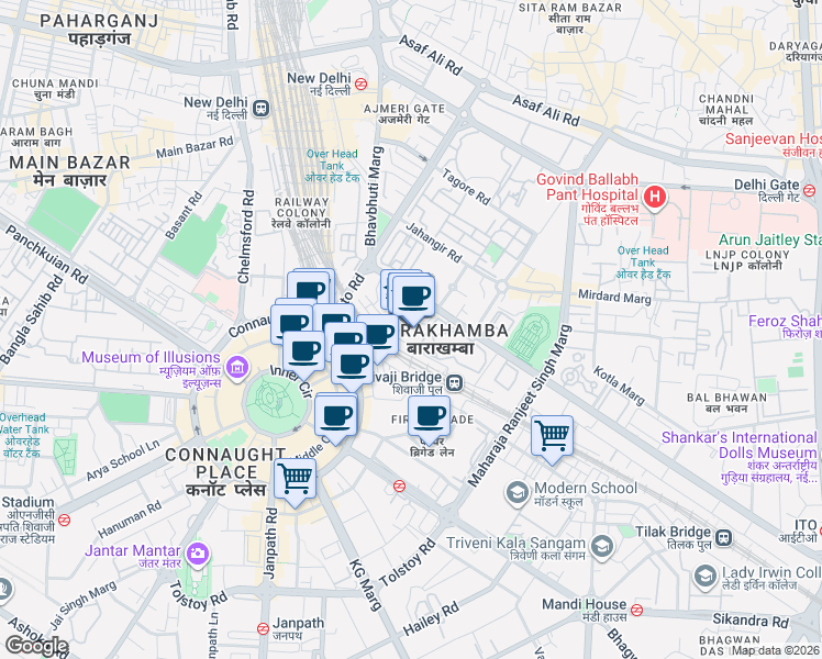 map of restaurants, bars, coffee shops, grocery stores, and more near in New Delhi