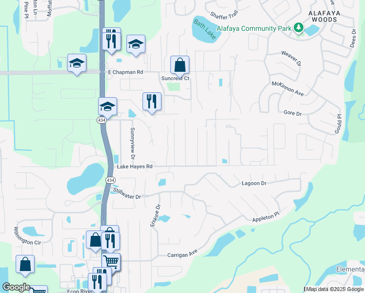 map of restaurants, bars, coffee shops, grocery stores, and more near 2376 Pine Street in Oviedo