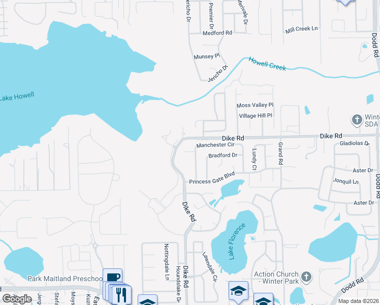 map of restaurants, bars, coffee shops, grocery stores, and more near 2415 Dike Road in Winter Park
