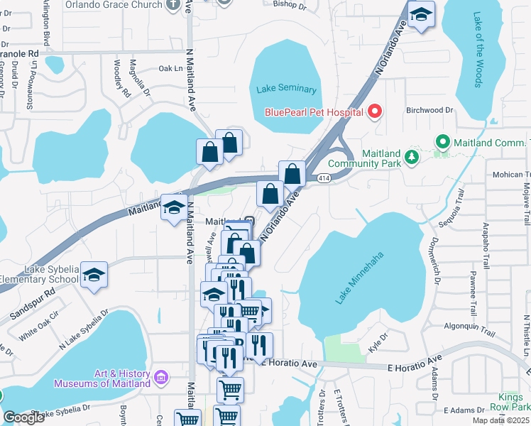 map of restaurants, bars, coffee shops, grocery stores, and more near 851 North Orlando Avenue in Maitland