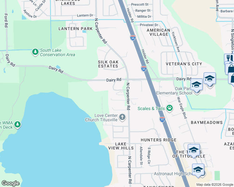map of restaurants, bars, coffee shops, grocery stores, and more near 1390 North Carpenter Road in Titusville