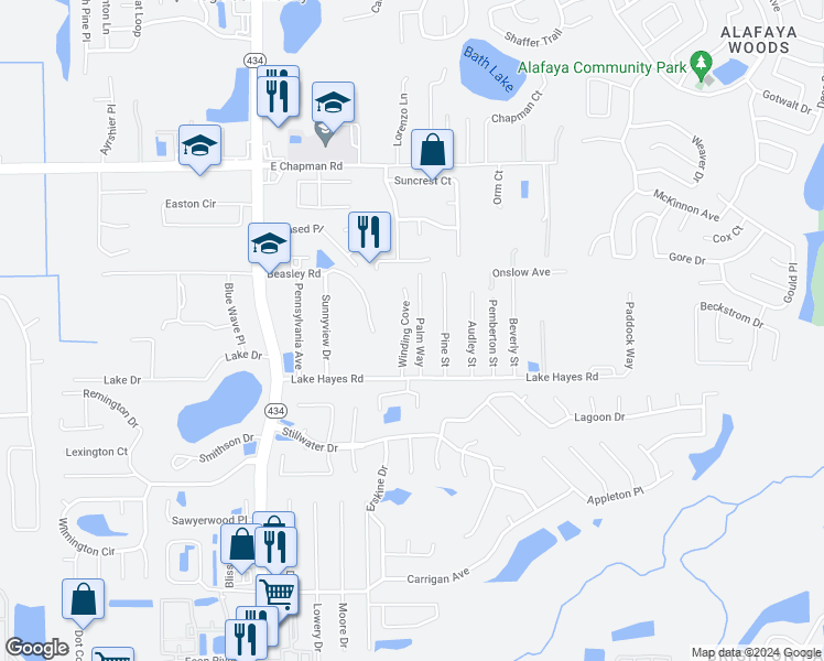 map of restaurants, bars, coffee shops, grocery stores, and more near 2359 Winding Cove in Oviedo