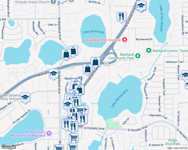 map of restaurants, bars, coffee shops, grocery stores, and more near 950 North Orlando Avenue in Winter Park