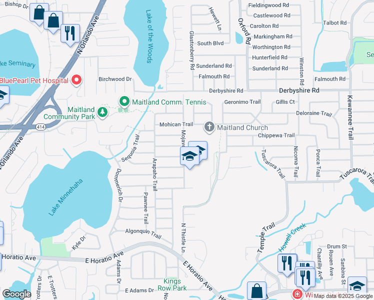 map of restaurants, bars, coffee shops, grocery stores, and more near 760 Mojave Trail in Maitland