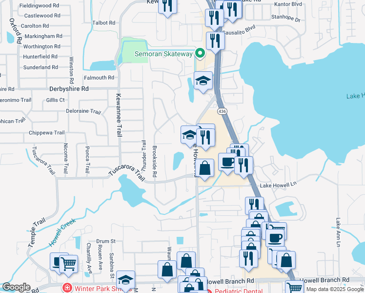 map of restaurants, bars, coffee shops, grocery stores, and more near 645 Brookwood Lane in Maitland