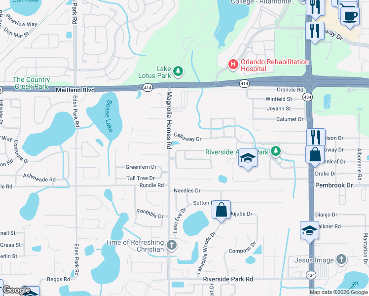 map of restaurants, bars, coffee shops, grocery stores, and more near 3767 Peaceful Place in Orlando