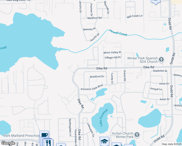 map of restaurants, bars, coffee shops, grocery stores, and more near 1019 Bradford Drive in Winter Park