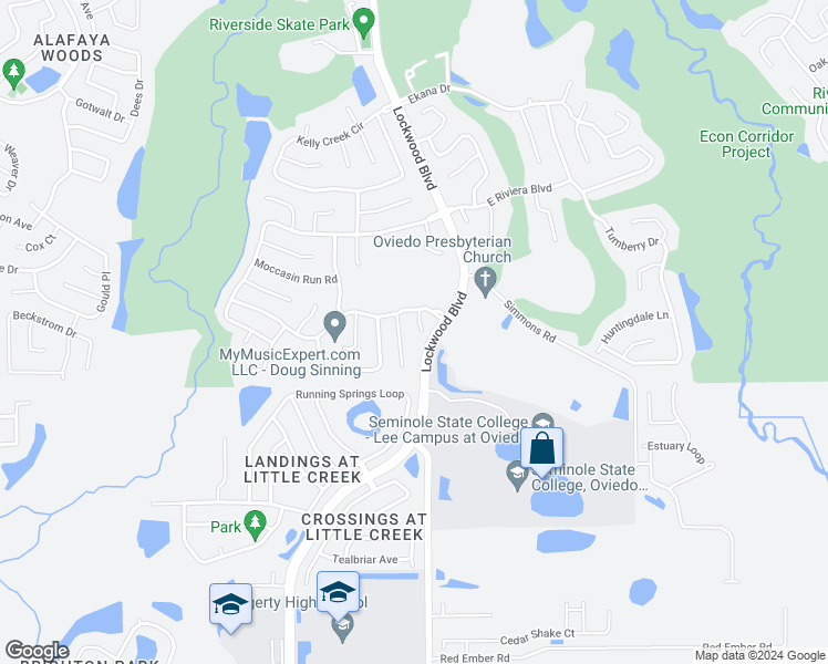 map of restaurants, bars, coffee shops, grocery stores, and more near 1006 Wharf Creek Court in Oviedo