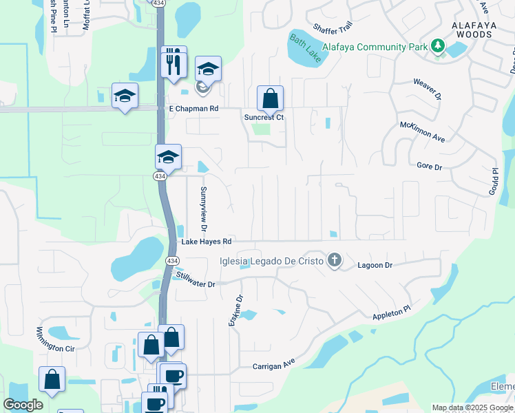 map of restaurants, bars, coffee shops, grocery stores, and more near 2351 Winding Cove in Oviedo