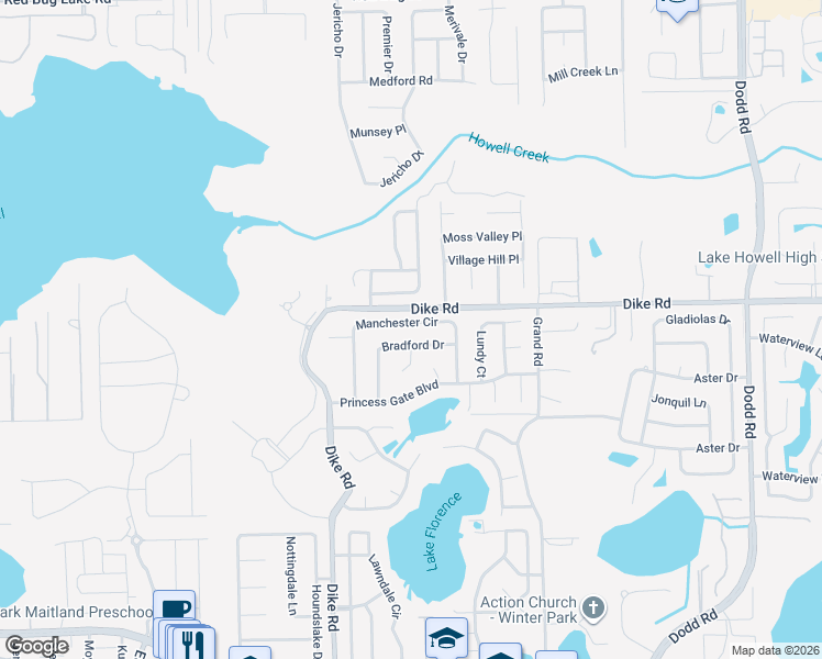 map of restaurants, bars, coffee shops, grocery stores, and more near 1019 Bradford Drive in Winter Park