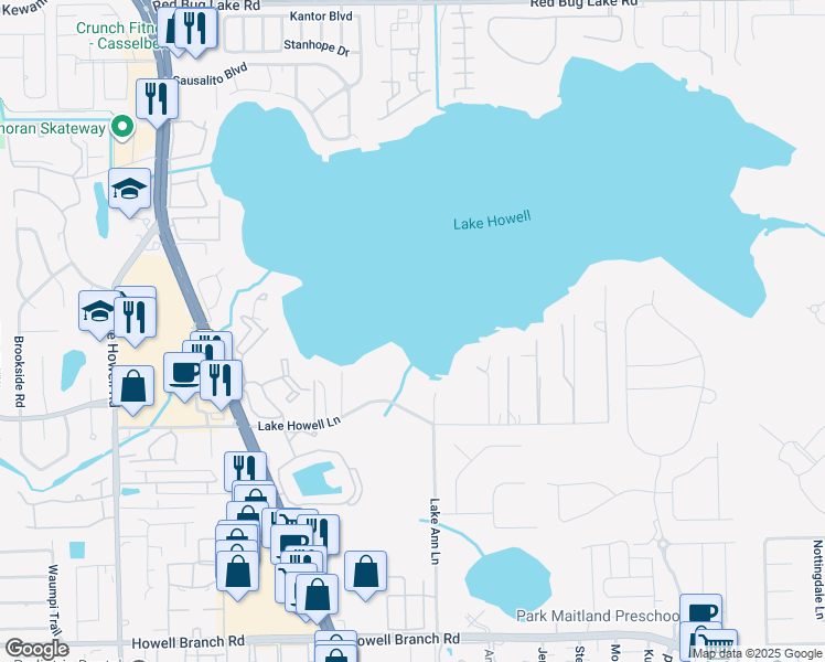 map of restaurants, bars, coffee shops, grocery stores, and more near 2732 Lake Howell Lane in Winter Park