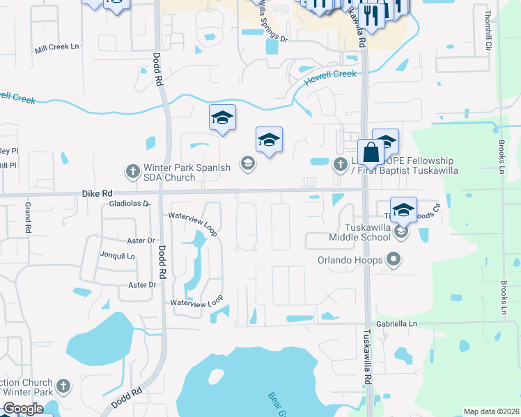 map of restaurants, bars, coffee shops, grocery stores, and more near 1836 East Cheryl Drive in Winter Park