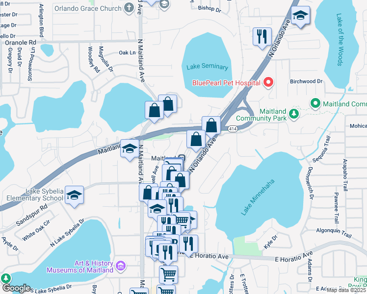 map of restaurants, bars, coffee shops, grocery stores, and more near 414 Greenwood Road in Maitland