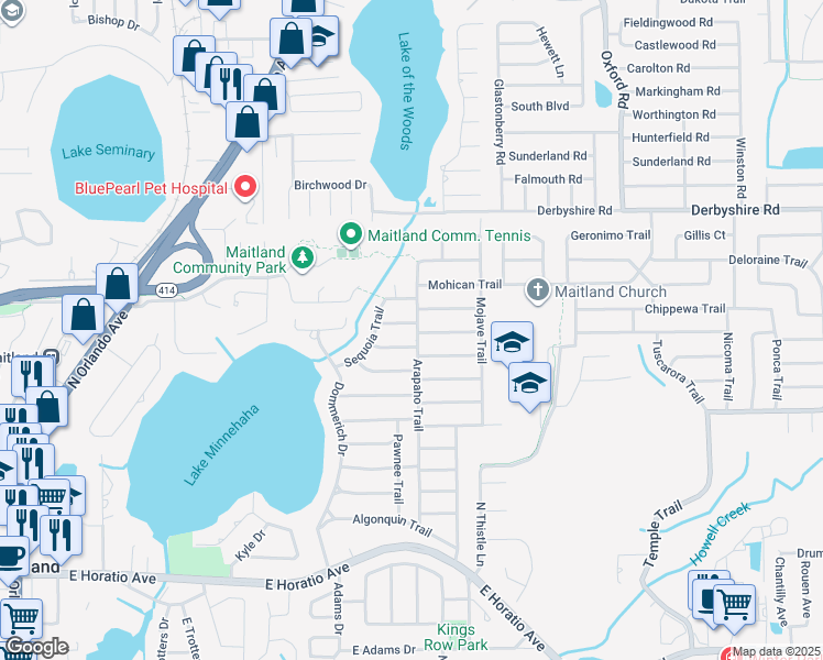 map of restaurants, bars, coffee shops, grocery stores, and more near 791 Arapaho Trail in Maitland