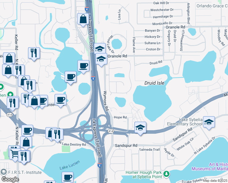 map of restaurants, bars, coffee shops, grocery stores, and more near 873 Brightwater Circle in Maitland