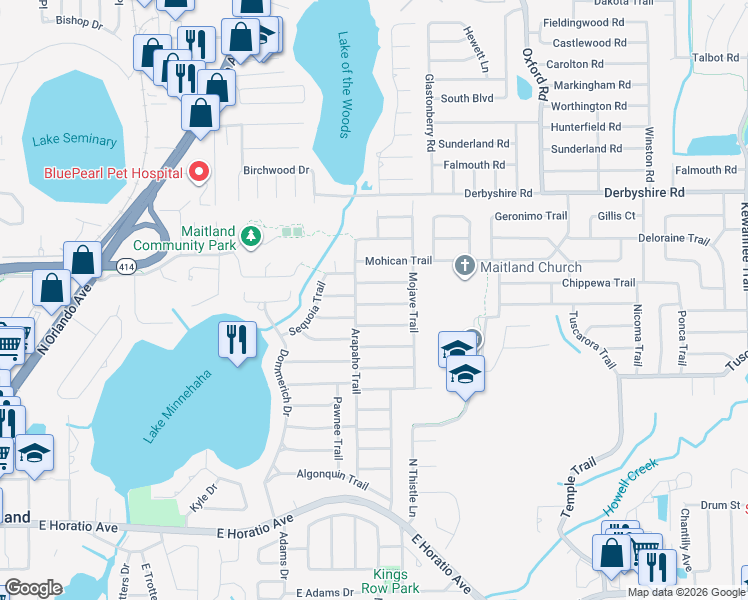 map of restaurants, bars, coffee shops, grocery stores, and more near 1810 Chippewa Trail in Maitland