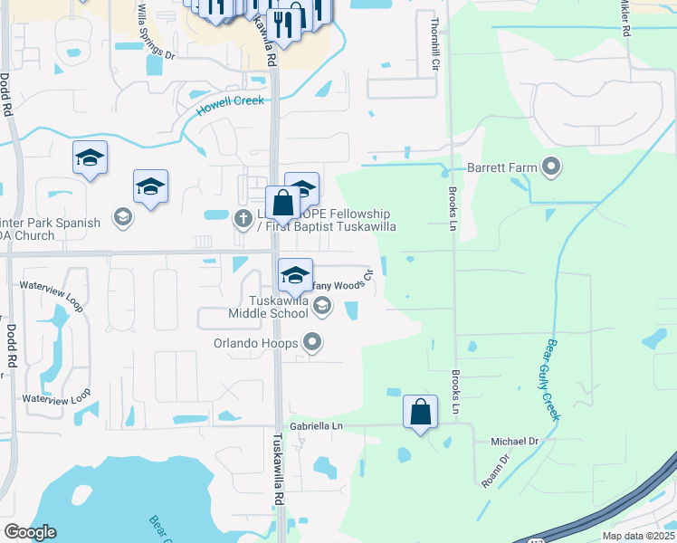 map of restaurants, bars, coffee shops, grocery stores, and more near 4654 Tiffany Woods Circle in Oviedo