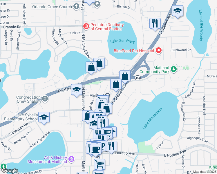map of restaurants, bars, coffee shops, grocery stores, and more near 414 Greenwood Road in Maitland