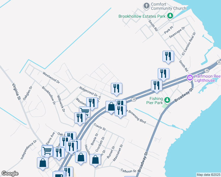 map of restaurants, bars, coffee shops, grocery stores, and more near 304 Rouen Drive in Port Lavaca