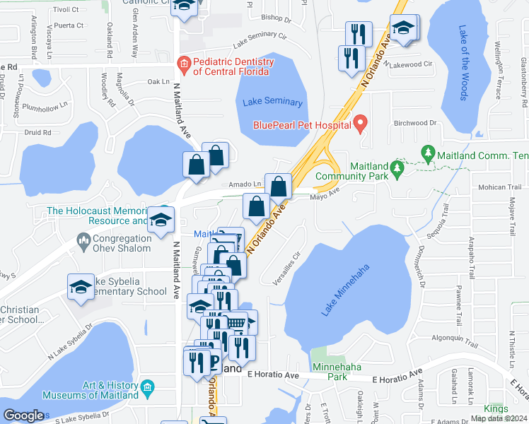 map of restaurants, bars, coffee shops, grocery stores, and more near 1053 Orlando Avenue in Maitland