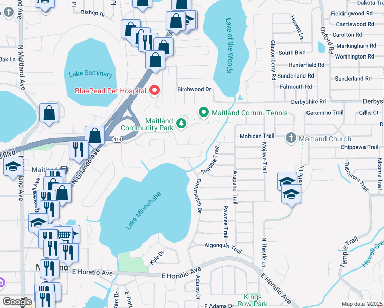 map of restaurants, bars, coffee shops, grocery stores, and more near 1624 Indian Dance Court in Maitland