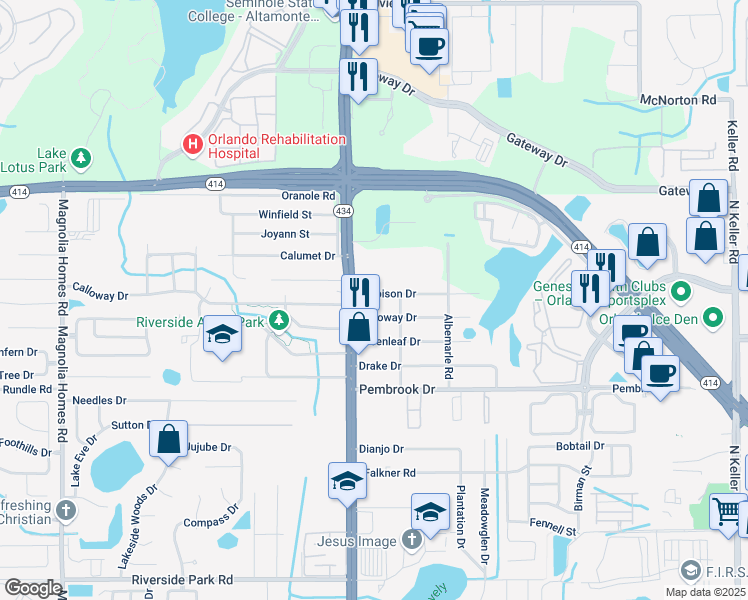 map of restaurants, bars, coffee shops, grocery stores, and more near 2616 Herbison Drive in Orlando