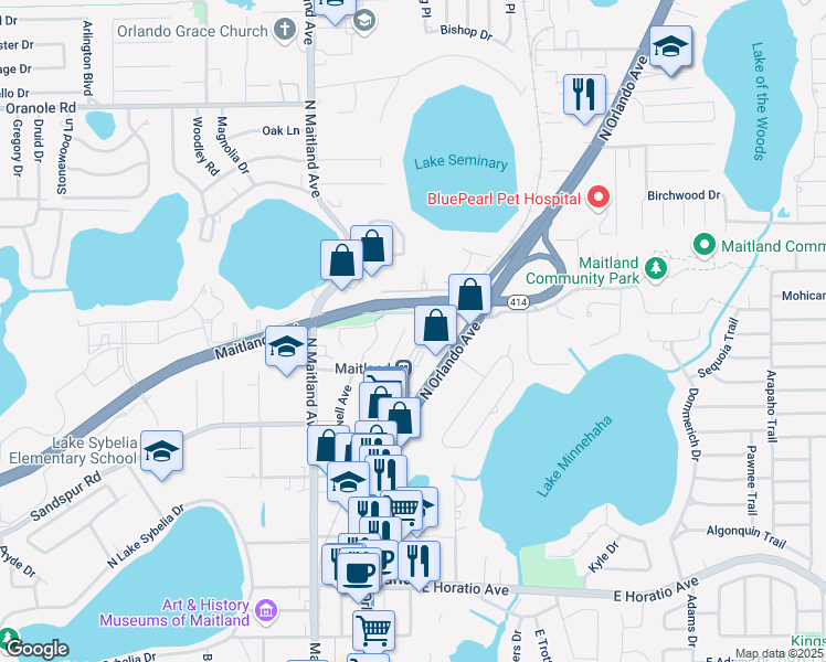 map of restaurants, bars, coffee shops, grocery stores, and more near 414 Greenwood Road in Maitland