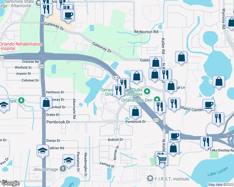 map of restaurants, bars, coffee shops, grocery stores, and more near 8624 Villa Point in Orlando