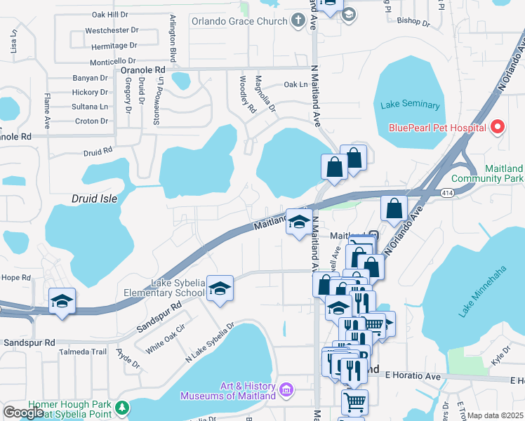 map of restaurants, bars, coffee shops, grocery stores, and more near 291 West Lake Faith Drive in Maitland