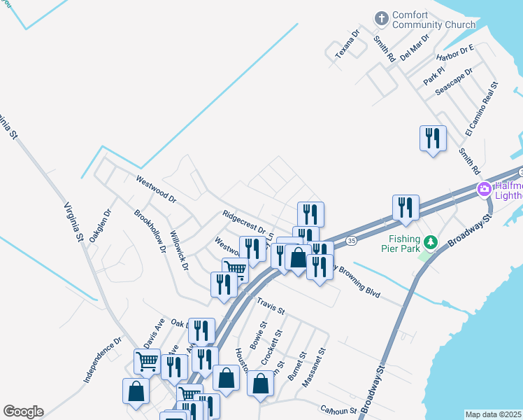 map of restaurants, bars, coffee shops, grocery stores, and more near 500 Village Road in Port Lavaca