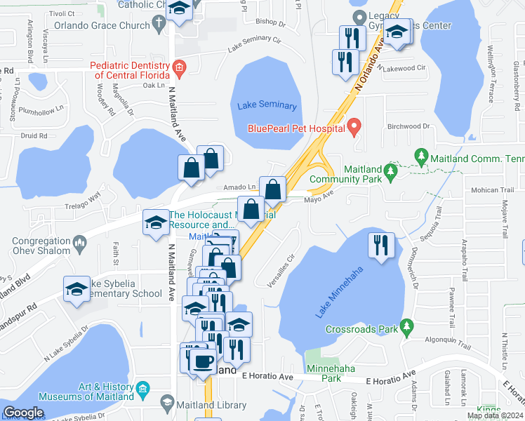 map of restaurants, bars, coffee shops, grocery stores, and more near 1021 North Orlando Avenue in Maitland