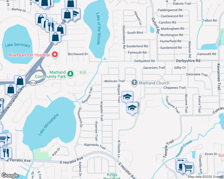 map of restaurants, bars, coffee shops, grocery stores, and more near 1810 Chippewa Trail in Maitland