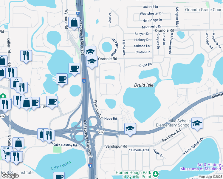 map of restaurants, bars, coffee shops, grocery stores, and more near 1916 Belford Court in Maitland