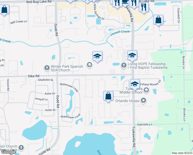map of restaurants, bars, coffee shops, grocery stores, and more near 1836 East Cheryl Drive in Winter Park