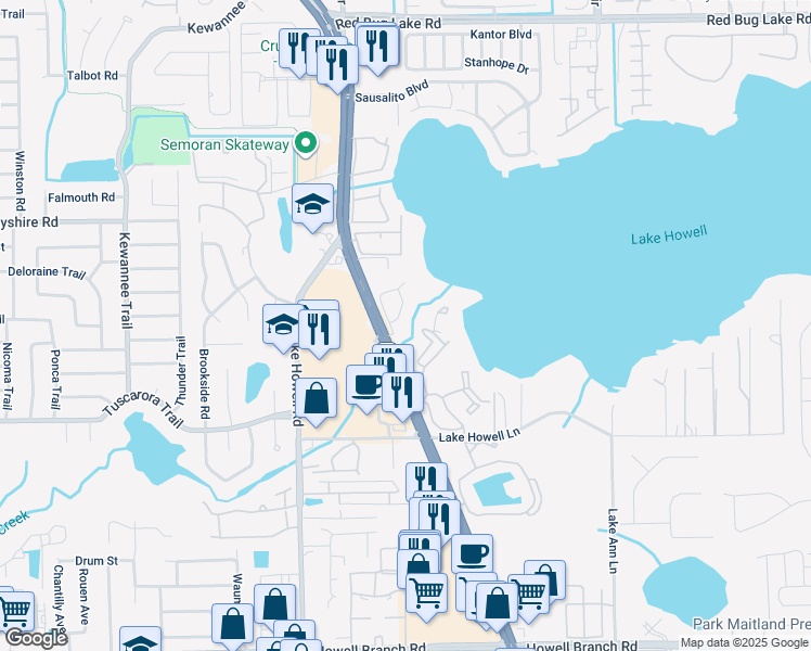 map of restaurants, bars, coffee shops, grocery stores, and more near 1247 Marina Point in Casselberry