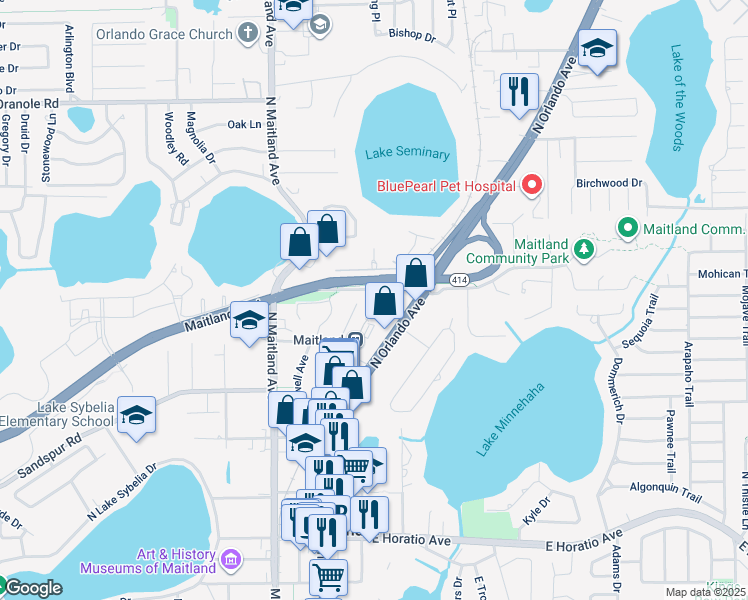 map of restaurants, bars, coffee shops, grocery stores, and more near 414 Greenwood Road in Maitland